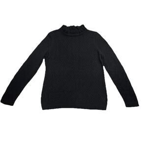 Talbots Sweater Black Texture Stitch Ruffle Neck Pullover Large Cotton Wool